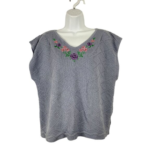 Vintage Womens Light Blue Embroidered Knit Top With Floral Design XL - Picture 1 of 11